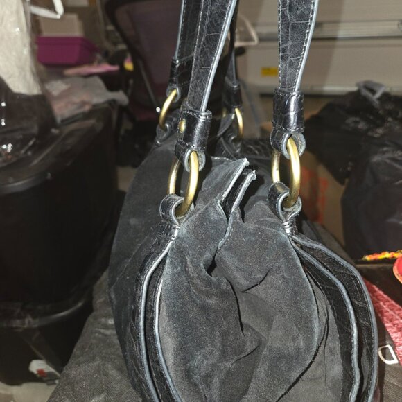 Donald J Pliner black suede and leather satchel tote with croc-embossed trim - Picture 3 of 7